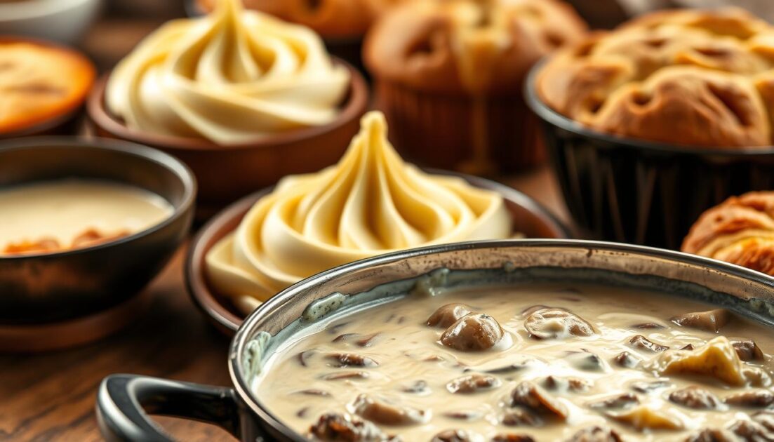 A delectable spread of culinary creations, showcasing the versatile applications of rich cooking cream. In the foreground, a bubbling pot of creamy mushroom stroganoff, its luxurious texture accentuated by the warm lighting. In the middle ground, a flawlessly piped mound of silky mashed potatoes, complemented by a drizzle of the creamy delight. The background features a selection of baked goods, their tender crumbs and golden crusts a testament to the transformative power of cooking cream. The scene exudes a cozy, homely atmosphere, inviting the viewer to savor the myriad culinary wonders that can be achieved with this versatile ingredient. A delectable spread of culinary creations, showcasing the versatile applications of rich cooking cream. In the foreground, a bubbling pot of creamy mushroom stroganoff, its luxurious texture accentuated by the warm lighting. In the middle ground, a flawlessly piped mound of silky mashed potatoes, complemented by a drizzle of the creamy delight. The background features a selection of baked goods, their tender crumbs and golden crusts a testament to the transformative power of cooking cream. The scene exudes a cozy, homely atmosphere, inviting the viewer to savor the myriad culinary wonders that can be achieved with this versatile ingredient.