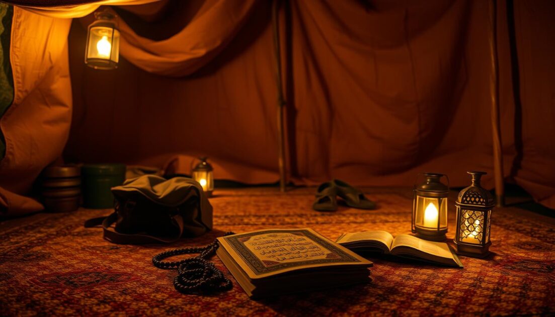 A dimly lit, cozy interior of an Arabic-style tent, illuminated by warm, flickering lanterns. In the foreground, a worn leather bag, a set of prayer beads, and a worn copy of the Quran rest on a traditional woven carpet. In the middle ground, a traveler's walking staff and sandals are visible, suggesting the recent arrival of a weary voyager. The background features billowing fabric walls, casting intricate shadows across the scene, creating a serene, contemplative atmosphere evocative of a traveler's moment of respite and spiritual reflection.
