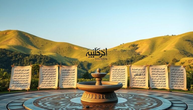 A serene landscape with lush green hills and a clear blue sky. In the foreground, a peaceful garden setting with a traditional Arabic water fountain. Surrounding the fountain, intricate Islamic geometric patterns carved into the stone. In the middle ground, a collection of handwritten Arabic calligraphy, each quote elegantly displayed on parchment scrolls. The calligraphy reflects thoughtful insights and heartfelt expressions about the virtues of motherhood. In the background, the "مجلة العرب" logo is subtly integrated into the scene, adding a sense of refinement and authenticity. The entire composition is bathed in warm, golden light, creating an atmosphere of tranquility and reverence.