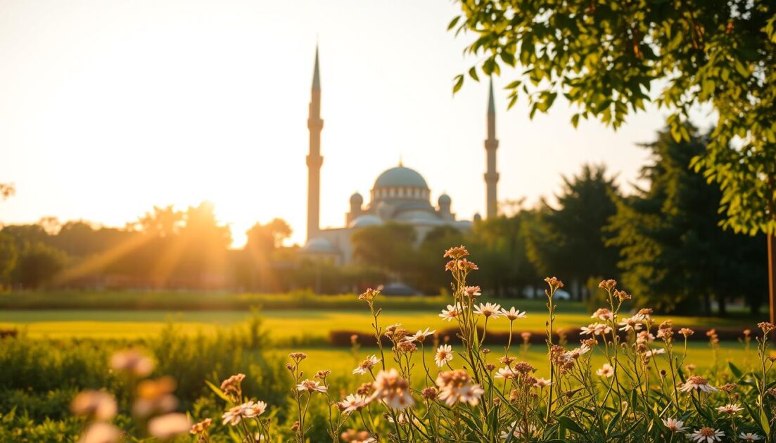 A serene and beautiful Friday (Jumu'ah) blessed with the warm, golden glow of late afternoon sunlight. A peaceful mosque surrounded by lush, verdant gardens stands tall, its minarets and domes casting soft shadows across the tranquil landscape. In the foreground, delicate flowers and greenery sway gently in a light breeze, inviting a sense of contemplation and reverence. The atmosphere is one of spiritual tranquility, evoking the sacred and spiritual nature of this holy day. The overall scene radiates a sense of harmony, unity, and connection with the divine.
