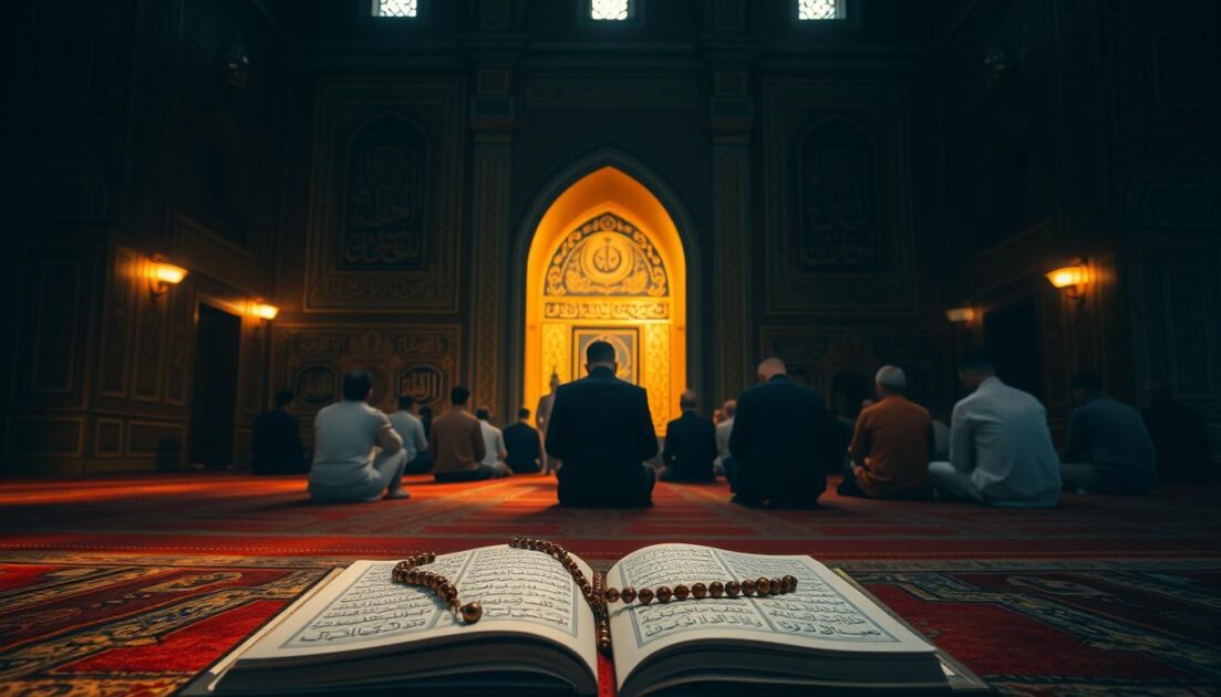 A serene, dimly lit mosque interior with ornate Arabic calligraphy adorning the walls. Warm, soft lighting casts a golden glow, creating an atmosphere of reverence and contemplation. In the foreground, a collection of open books and prayer beads lie on a richly decorated rug, signifying the Friday prayers and supplications. The middle ground features worshippers in traditional Islamic attire, heads bowed in deep meditation. In the background, a mihrab niche points towards the direction of Mecca, its intricate tile work and arched design commanding attention. The overall scene evokes a sense of spiritual tranquility and the devotional nature of Friday prayers.